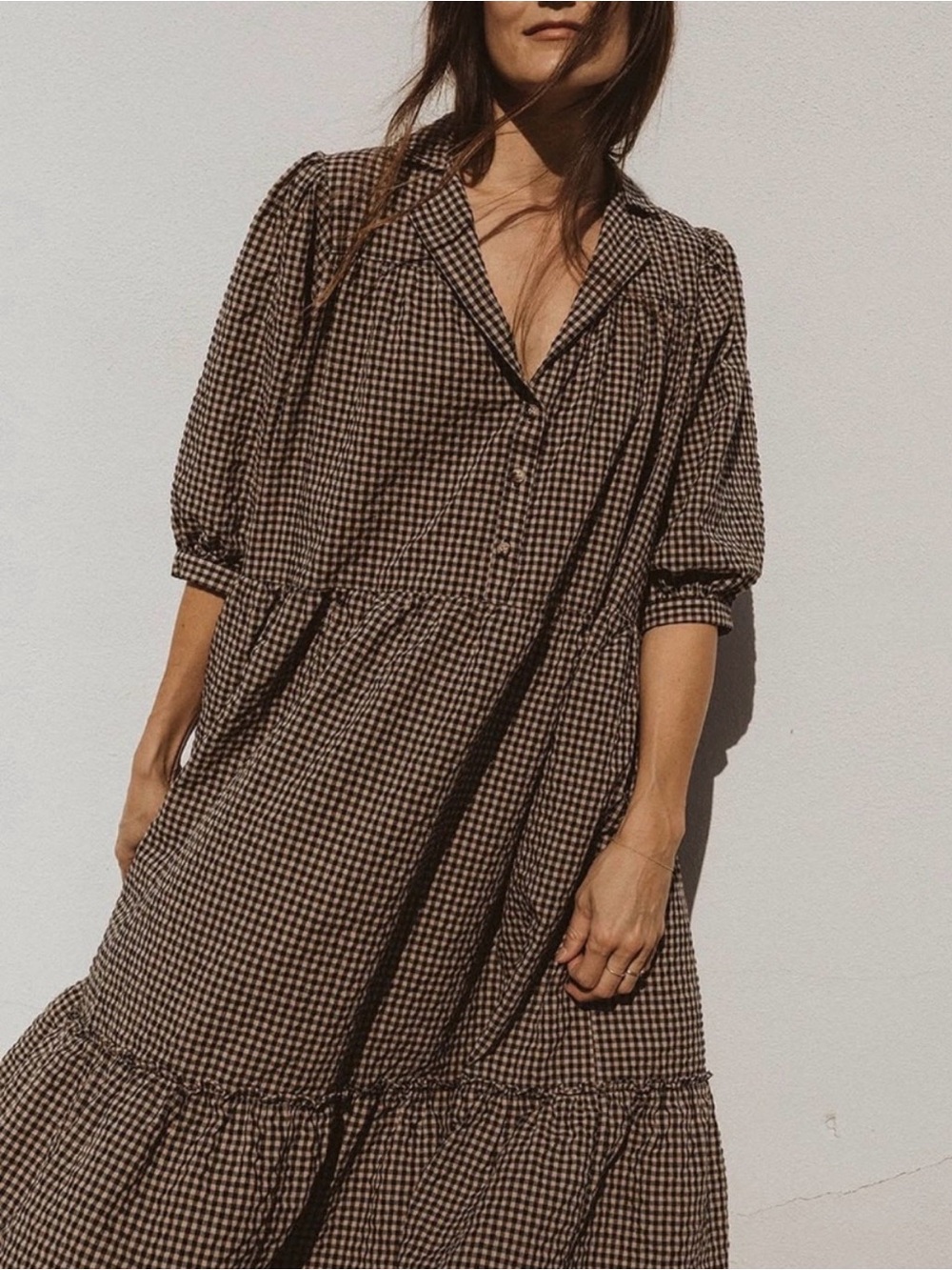 Esby Black and Cream Gingham Tiered Midi Dress